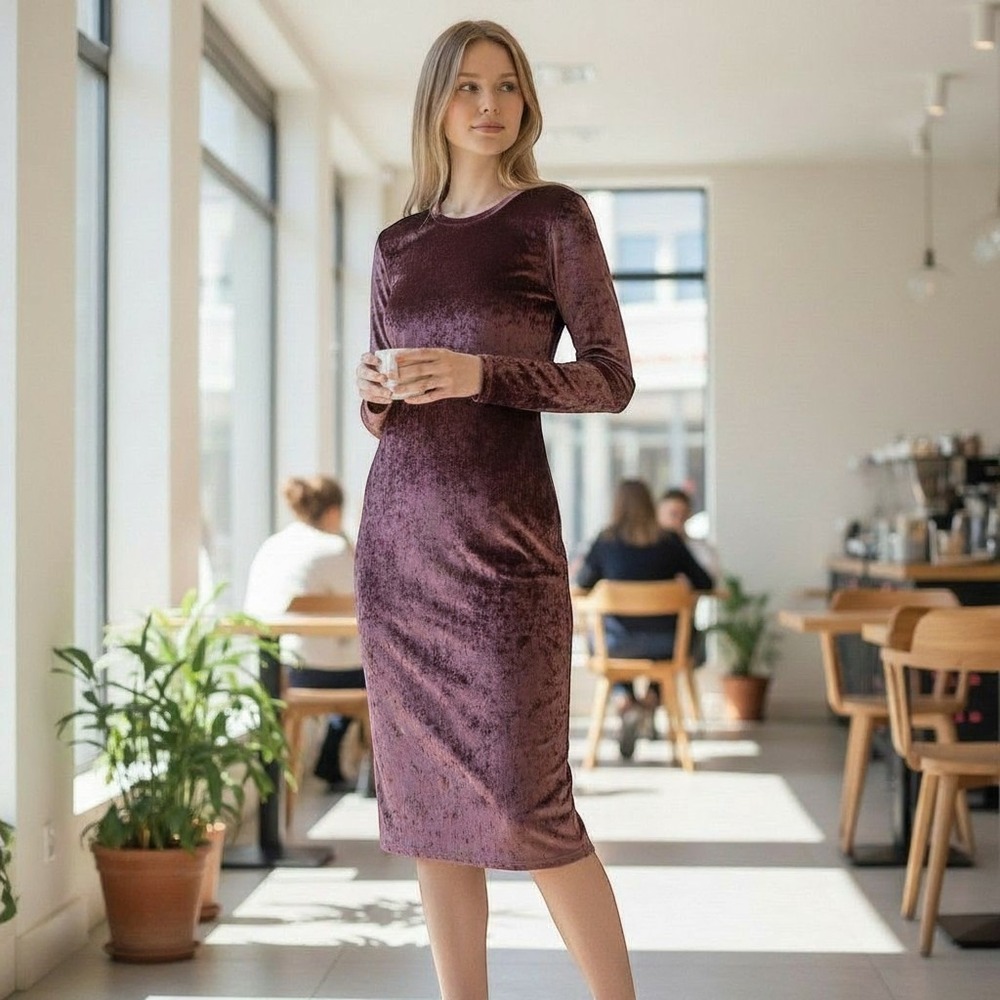 Plum Purple Velvet Midi Dress Long Sleeve Sheath Cocktail Evening Womens
